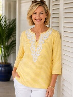 Talbots Yellow Striped Linen Tunic Top Embroidered Lace Beaded Detail Sz MP